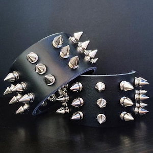 3 Row Silver Spike on Black Leather Punk Bracelet. Genuine Leather Cuff. Grunge Rock Music Studs Rivet Buckle Bracelet. Handmade Men Gifts