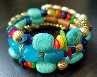 Boho Colored Glass Bracelet, Resin Bracelet Cuff, Bohemian Jewelry, Multi Layer Bracelet, Glazed Bracelet, Yoga Gifts, Perfect Gift for Her