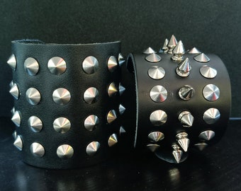 Silver Conical Rivets & Spikes Bracelet. Punk Wristband. Grunge Cone Studs Black Wide Genuine Leather Cuff. Belt Buckle. Handmade Men Gifts.