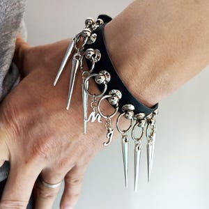Punk Charm Bracelet. Custom Letter Bracelet. 25/35mm Silver Spike Black Real Leather Cuff Buckle. Men Women Unisex Emo Gothic Grunge Gifts.