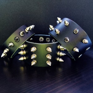 Punk Silver Spike Snap Bracelet. Cowhide Black Leather Cuff Bracelet. Grunge Bracelet. Buckle Bracelet. Stud Bracelet. Handmade Men Gifts.