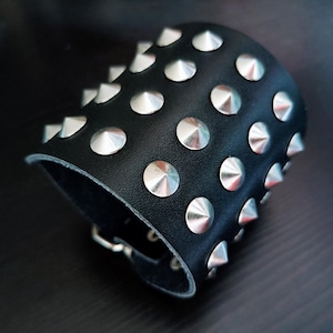 4 Rows Silver Rivet Punk Wristband Buckle Bracelet. 3 Rows Black Wide Genuine Leather Cuffs. Grunge Spikes Cone Studs. Handmade Men Gifts.