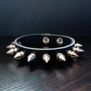 Single Row Silver Spike Punk Bracelet. More Stud Rivet Spikes. Black Genuine Leather Cuff. Clasp Buckle Grunge  Bracelet. Handmade Men Gift.