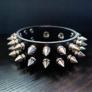 2 Rows More Silver Spikes Punk Bracelet. Black Genuine Leather Cuff. Stud Rivet Bracelet. Clasp Buckle Grunge Bracelet. Handmade Men Gift.