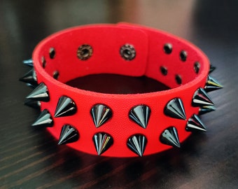 Punk 2 Row Spike Bracelet. Wrist Bands. Red Leather Bracelet