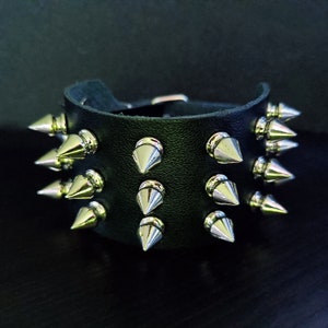 3 Row Silver Spike Punk Bracelet. Black Genuine Leather Cuff. Studded Buckle Bracelet. Rock Music Clasp Bracelet. Handmade Men Grunge Gifts