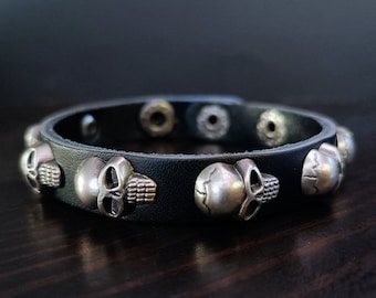 Skull Leather Bracelet. Punk Cuffs. Black Bracelet. Buckle Bracelet. Clasp Wristband. Grunge Goth Heavy Metal Rock Music Bracelet. Men Gifts
