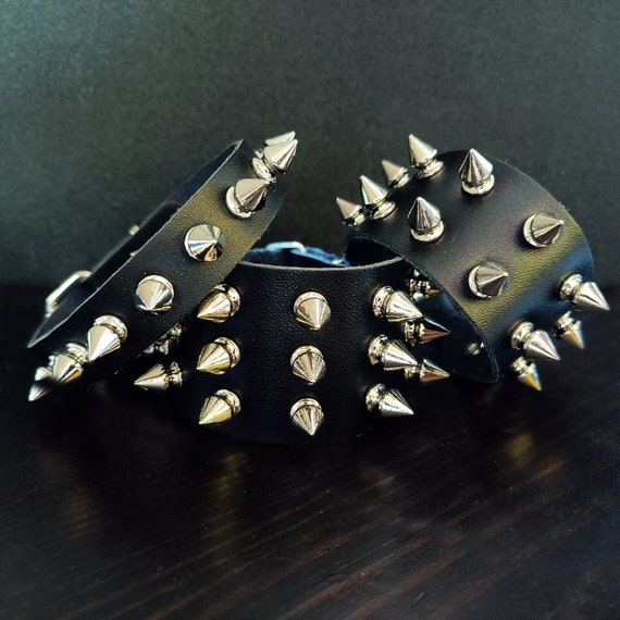 Punk Silver Spike Bracelet. Black Genuine Leather Cuff