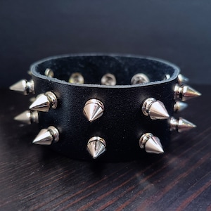 2 Row Silver Spike Punk Snap Bracelet. Grunge Studded Bracelet. Cowhide Black Leather Cuff Bracelet. Buckle Bracelet. Handmade Men Gifts.