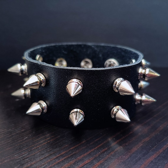 2 Row Silver Spike Punk Snap Bracelet. Grunge Studded