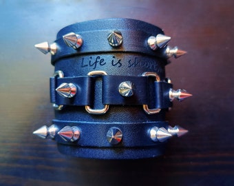 Punk Spike Leather Bracelet: Custom Engraved Rivet Cuff