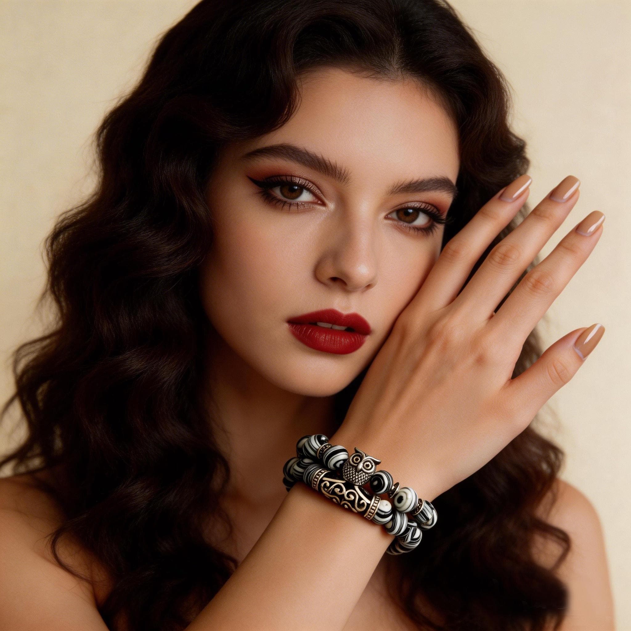 Owl Bracelet Set: Handmade Zebra Stone Unisex Charm Jewelry, Gift for Women Men