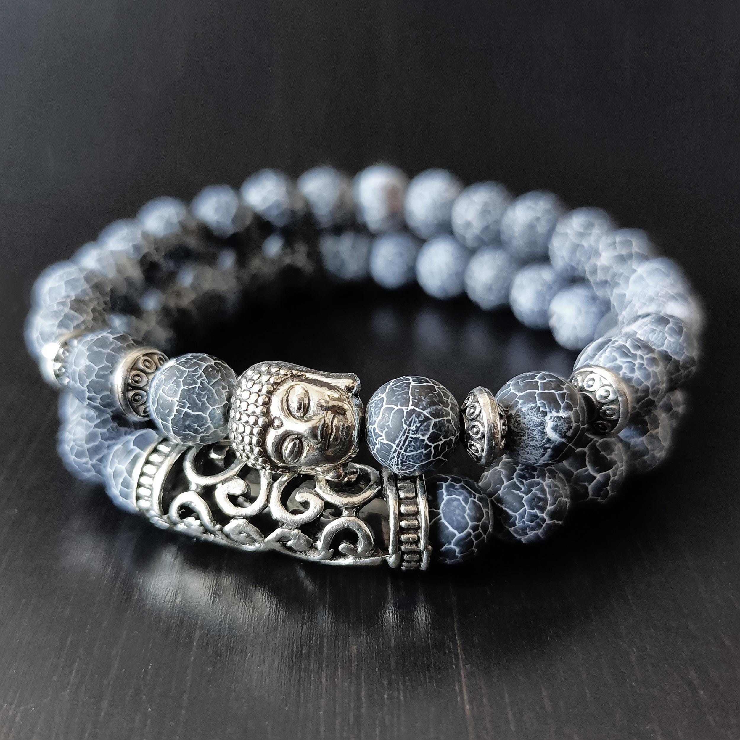 Bracelet Tibétain Bouddhiste Extensible - Perles D'Agate & Onyx Avec Charm Lion Doré - Acier Inoxydable