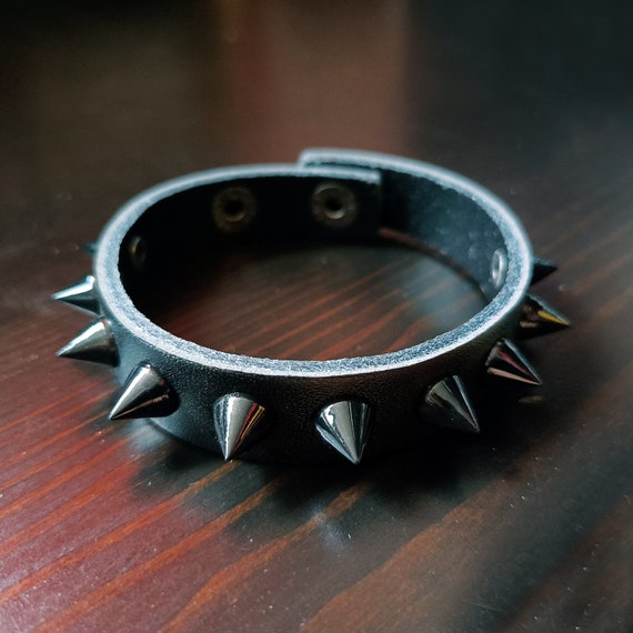 Punk Black Leather Spike Bracelet: Grunge Rock Wristband - Etsy