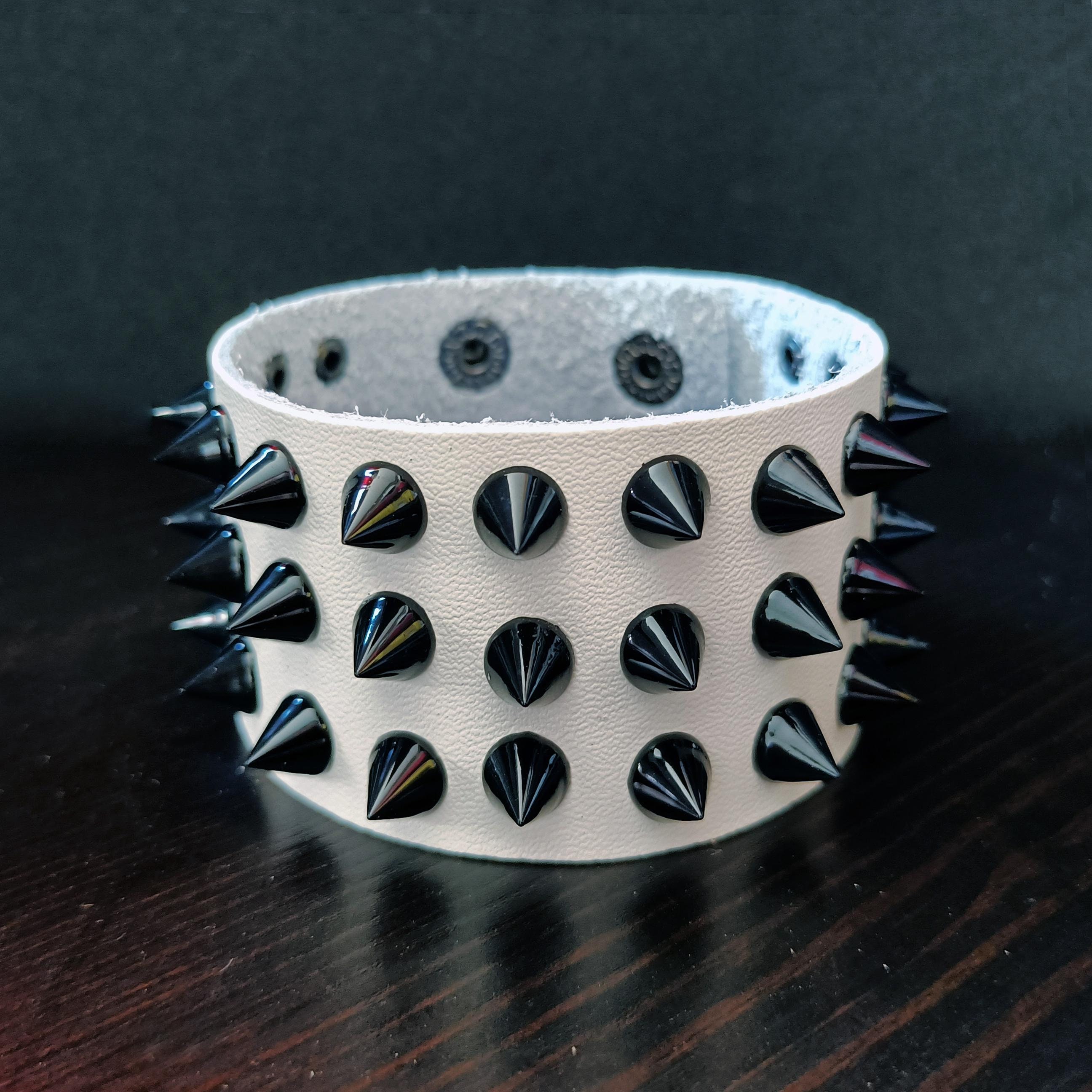 Punk 3 Row Black Spike White Leather Bracelet. Rock Music Buckle Bracelet. Grunge Leather Cuff Bracelet. Emo Clasp Bracelet. Men Women Gift.