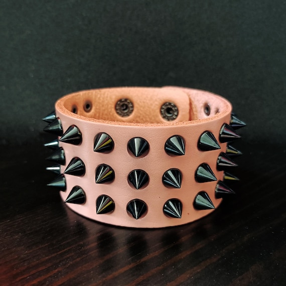 BRACCIALE CON BORCHIE CONO 3 FILE PUNK ROCK METAL - Foto 4