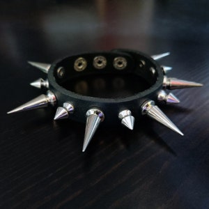Single Row Punk Bracelet. Punk Ring. Silver Spike. Black Genuine Leather Cuff. Grunge Rock Clasp Buckle Studded Bracelet. Handmade Men Gifts