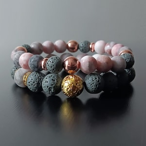 Lava Stone Bracelet Set: Gray Volcanic Rock, Pink Zebra Beads, Gold Accent