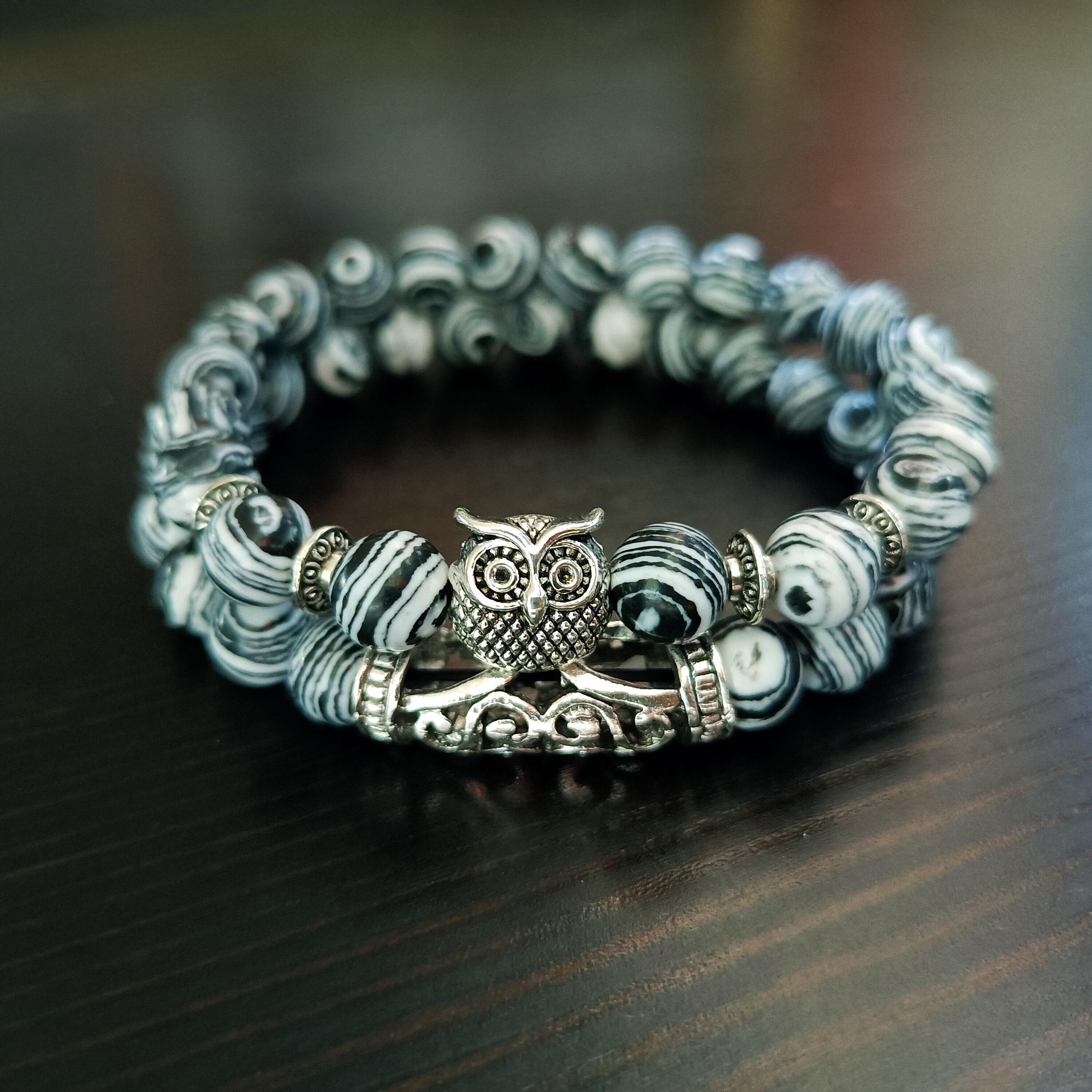 Handmade Zebra Stone Owl Bracelet Set: Unisex Charm Bracelet Jewelry