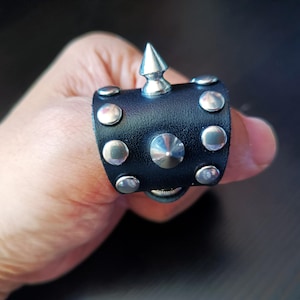 Silver Spike Punk Ring. Single Row Punk Bracelet. Black Genuine Leather Cuff. Grunge Rock Clasp Buckle Studded Bracelet. Handmade Men Gifts