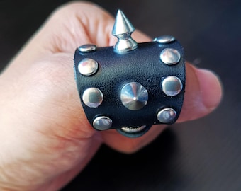 Handmade Silver Spike Ring: Black Leather Punk Studded Cuff