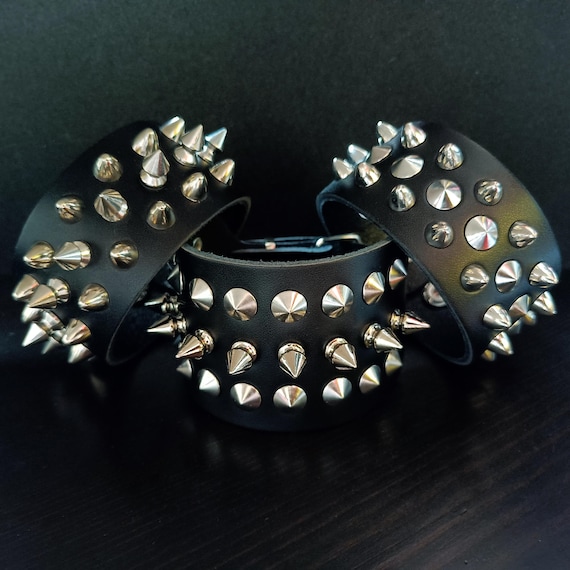 Handmade Punk Leather Cuff: 3 Rows Bracelet Silver Rivet Studded Wristband