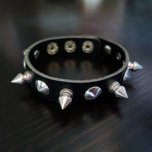 Silver Spike Punk Bracelet. Single Row Black Genuine Leather Cuff. Punk Ring. Grunge Rock Clasp Buckle Studded Bracelet. Handmade Men Gifts.