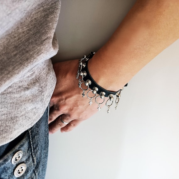 Cross Charm Black Leather Bracelet: Punk Buckle Cuff Canada