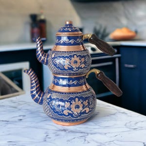 Handcrafted Turkish Tea Kettle Set, Blue Floral Copper Design, Authentic Teapot for Traditional Tea Brewing, Turkish Copper tea pot set