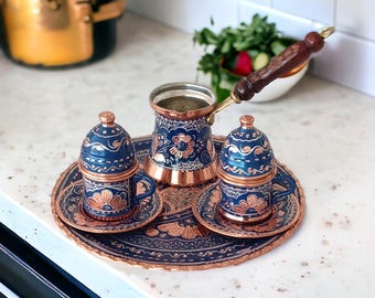 Handcrafted Turkish Coffee Set, Elegant Blue & Copper Design with Traditional Pot - Cups - Saucers, Perfect for Authentic Coffee Experience