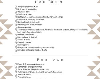 Lista de verificación imprimible para el bolso de hospital para la preparación del parto / Lista de verificación digital editable para el bolso de hospital