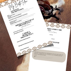 May include: A printable birth plan template with sections for general information, birth environment preferences, labor and delivery preferences, and a section for the mother and baby's care preferences. The template has a brown and white geometric pattern.