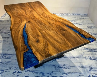 Blue Epoxy Resin Table, Live Edge Dining Blue River Table, Walnut Epoxy Table