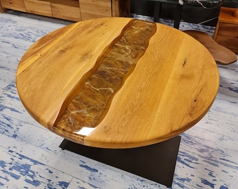 Round Dining Table Oak Wood with Epoxy Finished in Marble Style!