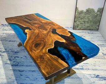 Handmade Walnut Live Edge River Table: Blue Epoxy Resin Dining Table