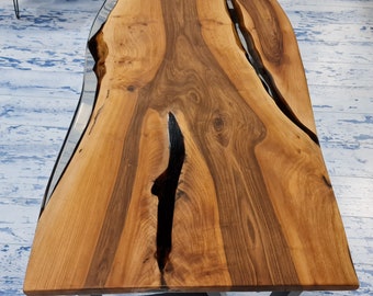 Walnut Epoxy Table, And Clear Epoxy Resin River, Live Edge Dining Clear River Table