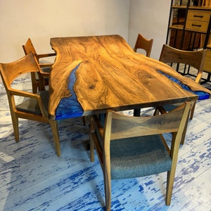 Blue Epoxy Resin River Table: Live Edge Walnut Dining Table
