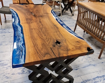 Blue Epoxy Resin River, Live Edge Dining Blue River Table, Walnut Epoxy Table.