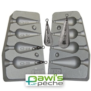 May include: A silver metal mold for casting fishing sinkers. The mold has six cavities for casting different sizes of sinkers. The mold is labeled with the weight of each sinker in grams. The mold is also labeled with the brand name "Dawi's P&ecirc;che".