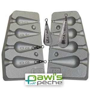 May include: A silver metal mold for making fishing sinkers. The mold has six cavities for making different sizes of sinkers. The mold is labeled with the weight of each sinker in grams. The mold is also labeled with the brand name "Dawi's P&ecirc;che".