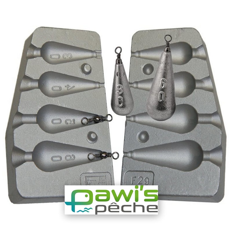 May include: A silver metal mold for making fishing sinkers. The mold has six cavities for making different sizes of sinkers. The mold is labeled with the weight of each sinker in grams. The mold is also labeled with the brand name "Dawi's P&ecirc;che".