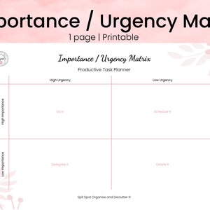 Peut inclure: Un planificateur de productivité imprimable avec un fond rose et une grille blanche. La grille est divisée en quatre quadrants étiquetés "Haute urgence", "Faible urgence", "Haute importance" et "Faible importance". Chaque quadrant a une suggestion de tâche : "Faites-le", "Planifiez-le", "Déléguez-le" et "Supprimez-le".