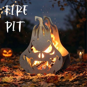 May include: A metal fire pit shaped like a carved pumpkin with a jack-o'-lantern face, featuring cutouts for eyes, a nose, and a jagged mouth. The structure is filled with burning wood logs, emitting bright orange flames and glowing embers.
