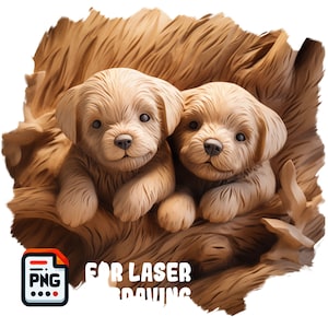Lasergravure PNG, Laser Burn digitaal PNG-bestand, 3D Illusion Image Photo, Natuurmuurkunst, Laser Carve, Lightburn, CO2, Glowforge - Puppies