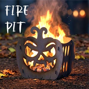 May include: A metal fire pit shaped like a jack-o'-lantern with a cutout face featuring sharp teeth and eyes. The text FIRE PIT is printed in white in the upper left corner. Bright orange and yellow flames burn inside the dark, pumpkin-shaped structure.