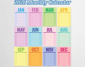 2026年 印刷可能なカレンダー：モダンでカラフルな月間壁掛けプランナー（A3、A4、レターサイズ）デジタルダウンロード