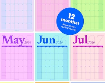 2026年 印刷可能なカレンダー：クラシックでカラフルな月間壁掛けプランナー（A3、A4、レターサイズ）デジタルダウンロード