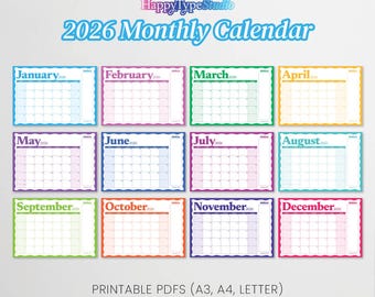2026年 印刷可能なカレンダー：横型月間プランナー（A3、A4、レターサイズ）デジタルダウンロード