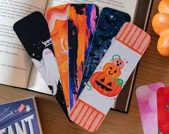 かわいい不気味なブックマークセット – 幽霊、コウモリ、カボチャが描かれたハロウィン風ブックマーク、読書好きへのギフト