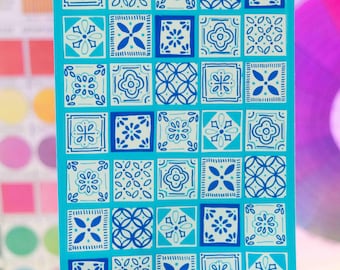 Blue Tiles Handmade Art Print – Colorful Wall Decor